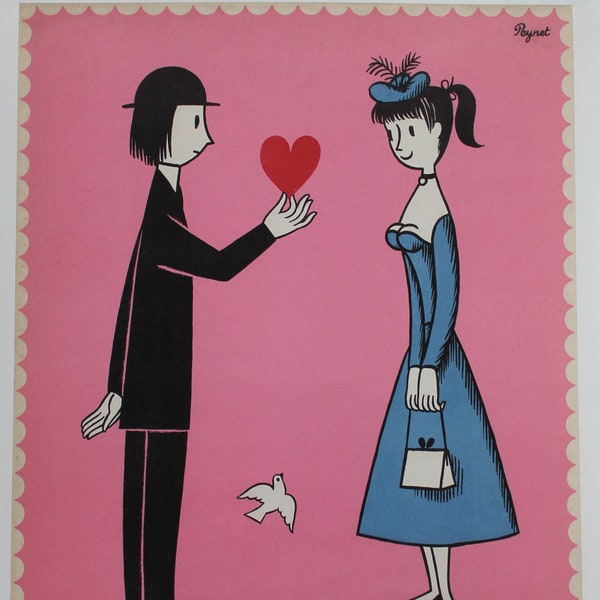 Vintage French Poster by Raymond Peynet 'Couple of Lovers' Recent Edition