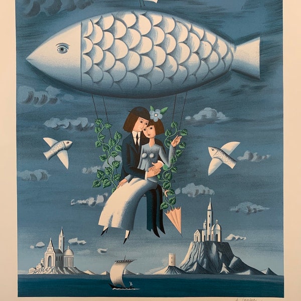 D’amoureux Au Poisson Original Vintage Poster, Signed by Raymond PEYNET