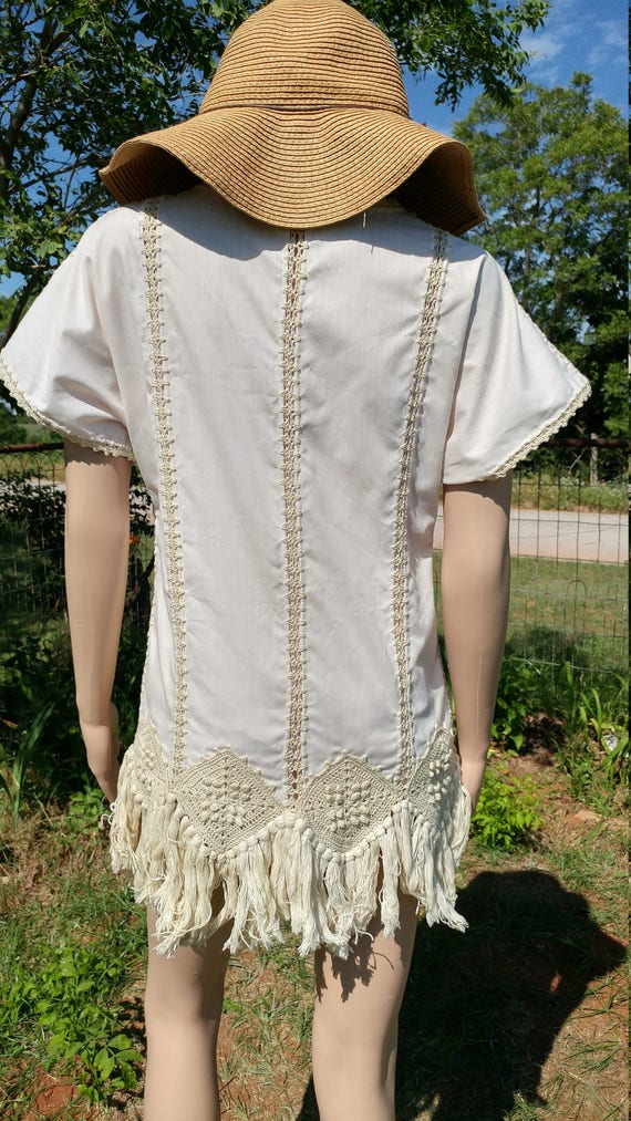 Vintage Boho Handmade Off White Linen Crochet Fri… - image 2