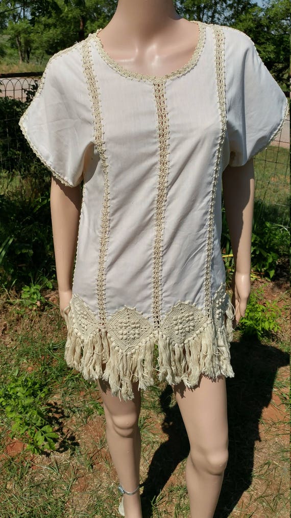 Vintage Boho Handmade Off White Linen Crochet Fri… - image 5