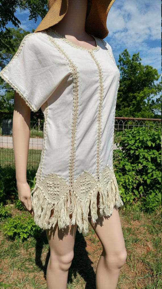 Vintage Boho Handmade Off White Linen Crochet Fri… - image 3
