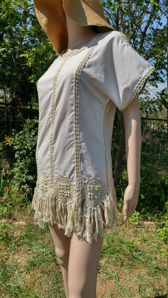 Vintage Boho Handmade Off White Linen Crochet Fri… - image 4