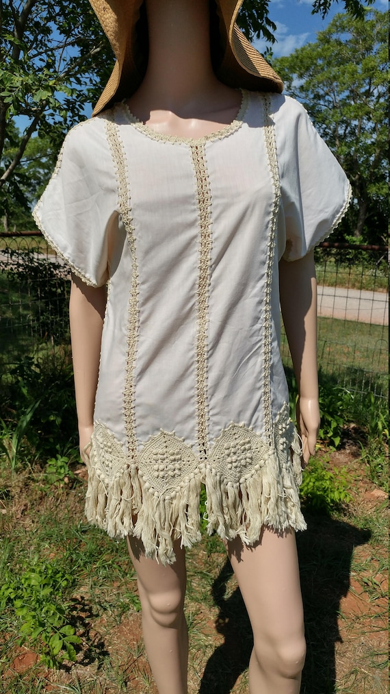 Vintage Boho Handmade Off White Linen Crochet Frin