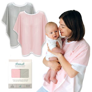 May include: Two baby burp cloths, one pink and one gray, with white trim. The image also shows a woman holding a baby, wearing a pink burp cloth. The packaging reads "droowel" and "Protect your clothes from drool and spit ups while holding your baby."