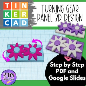 Pode incluir: Design 3D de um painel de engrenagem giratória com engrenagens em forma de flor em rosa, branco e roxo. O design inclui o texto "Turning Gear Panel 3D Design" e "Step by Step PDF and Google Slides."