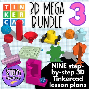 Pode incluir: Um conjunto de nove planos de aula 3D do Tinkercad para educação STEM. A imagem mostra uma variedade de modelos 3D, incluindo um labirinto, um sapo, uma árvore, um funil, um carro, um dado e um quebra-cabeça. O texto "3D MEGA BUNDLE 3" e "NINE step-by-step 3D Tinkercad lesson plans" é visível na imagem.