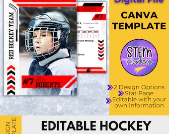 May include: Editable hockey card template with a photo of a young hockey player wearing a red and white jersey and a helmet. The template includes a space for the player's name, number, position, and stats. The template is designed to be used with Canva.