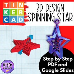 Pode incluir: Um tutorial de design digital para uma estrela giratória, criada usando Tinkercad. A imagem mostra um modelo 3D de uma estrela giratória azul e uma estrela giratória vermelha. O texto "3D Design Spinning Star" é exibido em texto preto sobre um fundo vermelho. O texto "Step by Step PDF and Google Slides" é exibido em texto branco sobre um fundo preto.