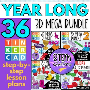 Pode incluir: Um gráfico colorido com o texto "Year Long 3D Mega Bundle 36" e "Tinkercad" em um fundo roxo. O gráfico inclui quatro imagens de modelos 3D criados no Tinkercad, com o texto "STEM Starters" e "9 Lessons".