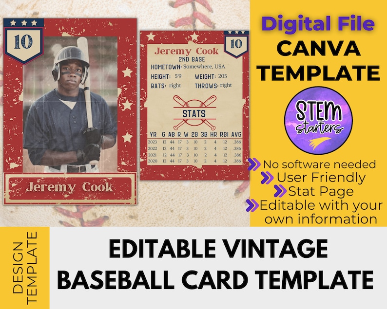 Vintage Baseball Card Template for Canva Etsy