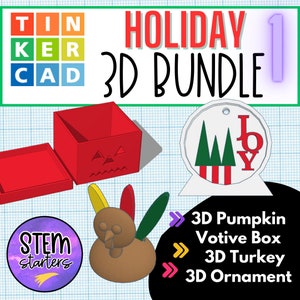 Op de afbeelding: Een afbeelding van een 3D Holiday Bundle met een rode pompoen votiefdoos, een bruine kalkoen en een wit ornament met het woord "JOY". De afbeelding bevat ook de tekst "TINKERCAD" en "STEM starters".