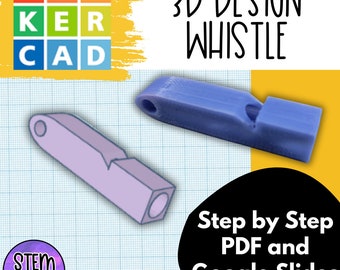 Puede incluir: Una lección de diseño digital para crear un silbato usando Tinkercad. La imagen muestra un modelo 3D de un silbato en morado y azul. El texto "3D DESIGN WHISTLE" está en texto negro sobre un fondo amarillo. El texto "Step by Step PDF and Google Slides" está en texto negro sobre un círculo negro. El texto "TIN KER CAD" está en una cuadrícula de cuadrados con diferentes colores.