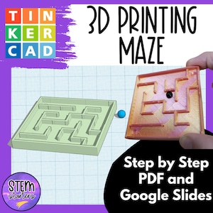 Pode incluir: Um labirinto impresso em 3D com uma bola azul no início e um ponto preto no final. O labirinto é impresso em laranja claro. A imagem também inclui um modelo 3D do labirinto, uma bola azul e o texto "3D PRINTING MAZE" e "Step by Step PDF and Google Slides".