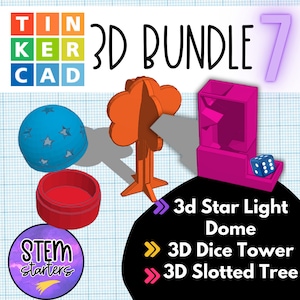 Puede incluir: Un paquete de impresión 3D con 7 diseños diferentes. Los diseños incluyen una cúpula de luz de estrella, una torre de dados y un árbol ranurado. El paquete está etiquetado como "3D Bundle 7" y es de STEM starters.