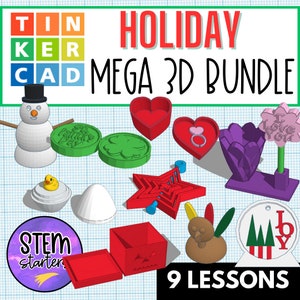 Pode incluir: Um conjunto de 9 designs de férias imprimíveis em 3D Tinkercad para educação STEM. Os designs incluem um boneco de neve, uma caixa em forma de coração, uma estrela, um peru, um enfeite de árvore de Natal, um trevo, uma flor, um ovo e uma caixa de abóbora. Os designs estão todos em cores diferentes e estão prontos para serem impressos.