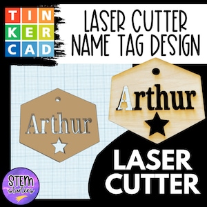 Pode incluir: Um design de etiqueta de nome de madeira cortada a laser com o nome "Arthur" em texto branco sobre um fundo castanho. A etiqueta tem a forma de um hexágono com uma estrela no centro. A imagem também inclui o texto "Laser Cutter Name Tag Design" e "Laser Cutter" em texto branco sobre um fundo preto.