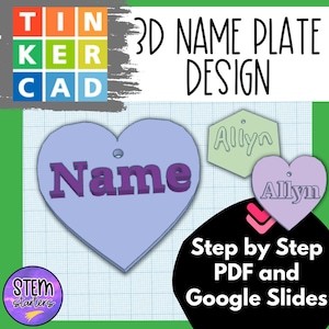 Può includere: Un design di targhetta 3D con un cuore con il nome "Name" in viola. L'immagine include anche un esagono e un cuore con il nome "Allyn". Il testo "3D NAME PLATE DESIGN" è visualizzato nella parte superiore.