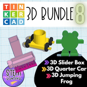 May include: A 3D printing bundle featuring eight different designs. The designs include a slider box, a quarter car, and a jumping frog. The bundle is ideal for STEM education and encourages creativity.