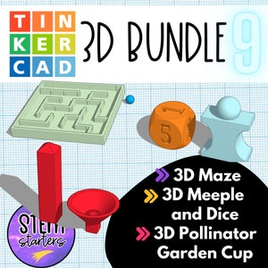 May include: A 3D printing bundle with 3D models of a maze, a meeple and dice, and a pollinator garden cup. The bundle is labeled "3D Bundle 9".