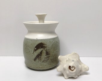 Vintage Studio Pottery Urn Jar with Lid | White Green Brown Ceramic Lidded Canister Container | Pottery Vessel