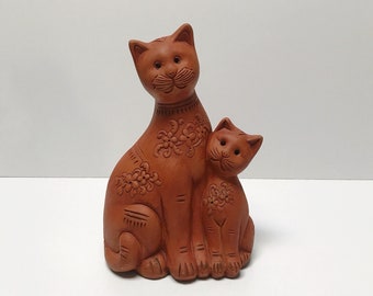 Vintage Terracotta Pottery Cat Piggy Bank | Sculpted Terracotta Clay Piggy Bank | Etched Clay Piggy Bank