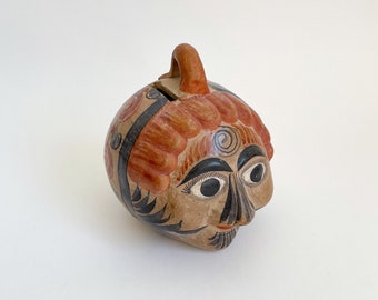 Vintage Mexican Tonala Pottery Hand Painted Face Head Coin Bank | Mexico Folk Art Piggy Bank