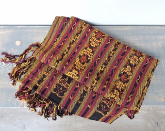 Vintage Ikat Woven Table Runner | Boho Textile | Purple Mustard and Black Table Runner | Table Runner With Fringe | Textile Wall Hanging