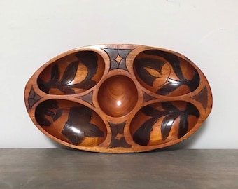 Vintage Carved Wood Bowl | Hand Carved | Solid Wood | Oval Shape | Serving Platter | Stained | Floral Design |  Mid Century