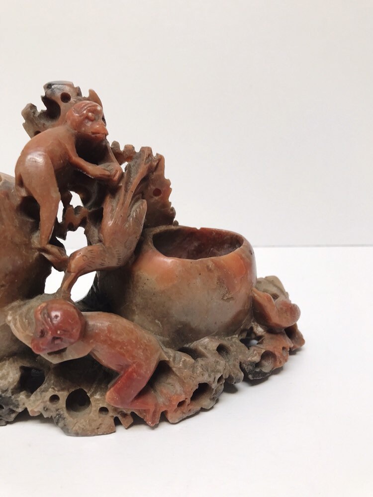 Vintage Chinese Carved Soapstone Monkey Brush Pot Carved Etsy Canada
