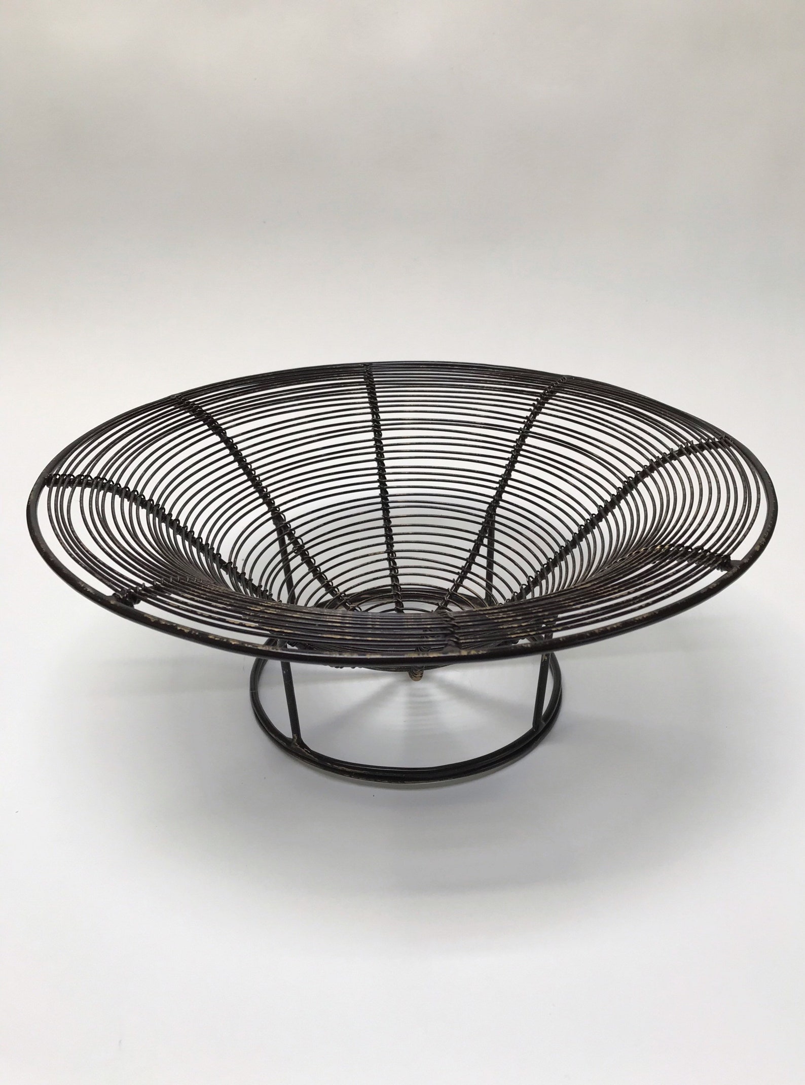 Vintage Black Metal Wire Bowl Pedestal Open Woven Wire Fruit Etsy