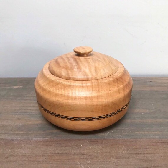 Vintage Maple Wood Bowl With Lid Round Turned Handmade Image 0