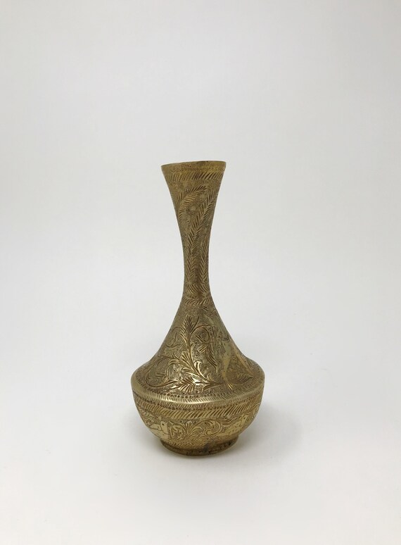 Vintage Etched Brass Bud Vase 8 Metal Brass Vase 