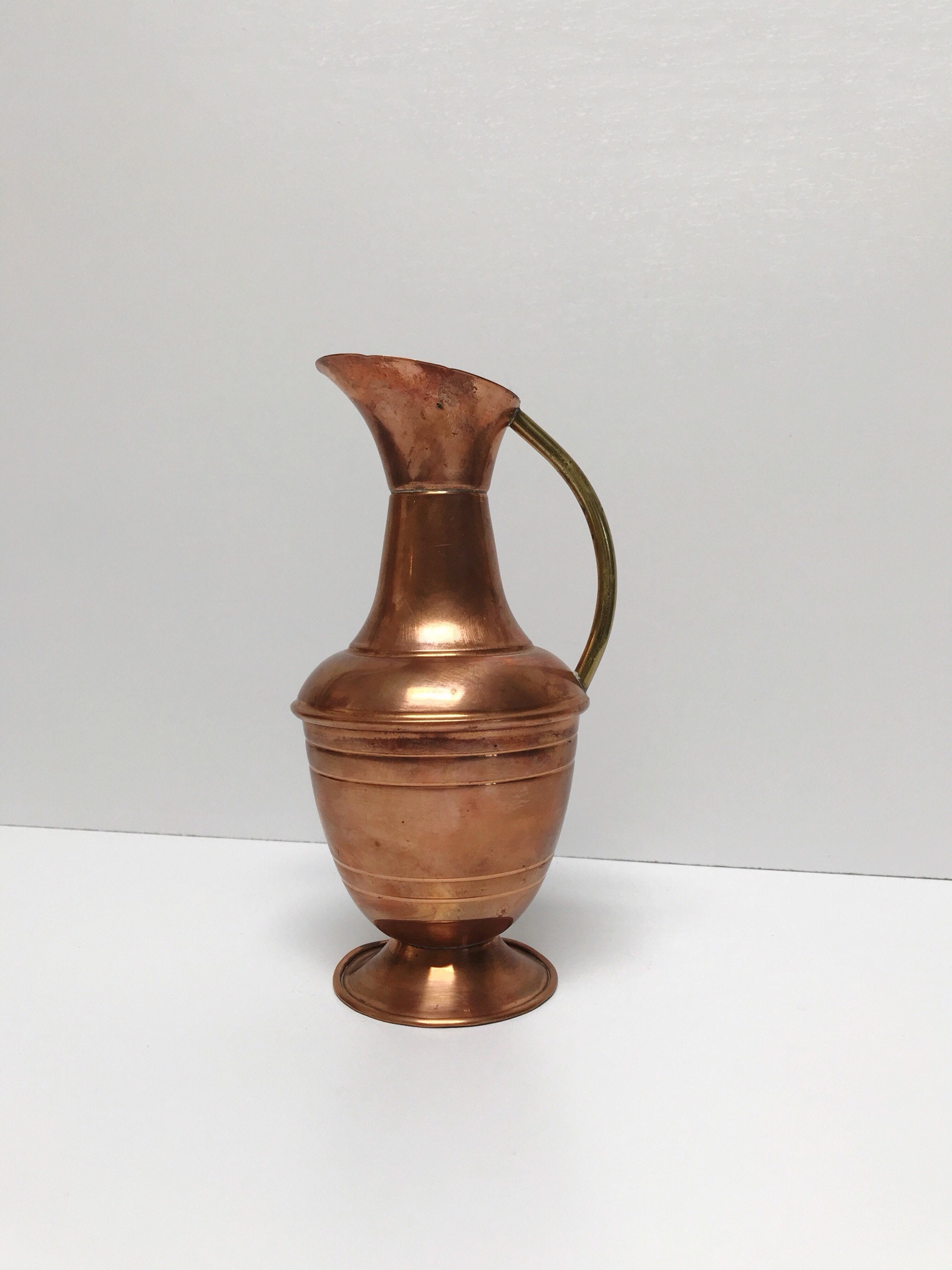 Home & Living Vintage Rustic Decor Mid Century Copper Pitcher Vase with Brass Handle Vases
