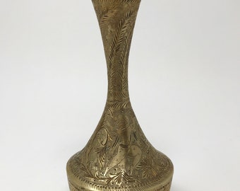 Vintage Etched Brass Bud Vase 8 Metal Brass Vase 
