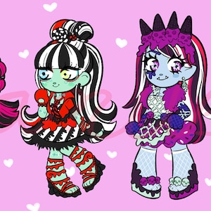 Puede incluir: Cuatro personajes de dibujos animados con diseños únicos se alzan sobre un fondo rosa con corazones blancos. Cada personaje tiene una combinación de colores diferente, incluyendo rosa, rojo, azul y verde, con peinados y atuendos distintivos. Los personajes tienen una apariencia linda y estilizada.