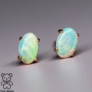 Simple Oval Natural Australian Solid Opal Stud Earrings 14K - Etsy
