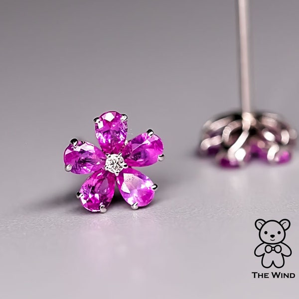 Pink Sapphire Diamond Sakura Cherry Blossom Flower Stud Earrings 18K Rose Gold Minimalist Chrysanthemum Sunflower