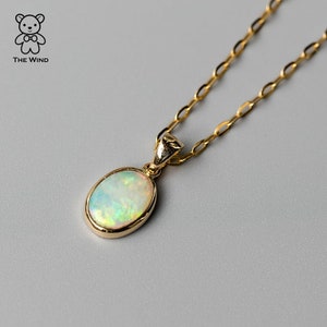 Minimal Style Oval Australian Solid Opal Pendant Necklace 14k Yellow Gold Charm Gift for Couples