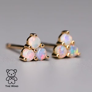 Minimalist Three Stone Australian Solid Opal Stud Earrings 14K Yellow Gold Jewelry Birthday Gift Anniversary Promise Gift for Couples