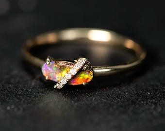 Natural Boulder Opal Ring with Diamonds in 14K Yellow Gold
