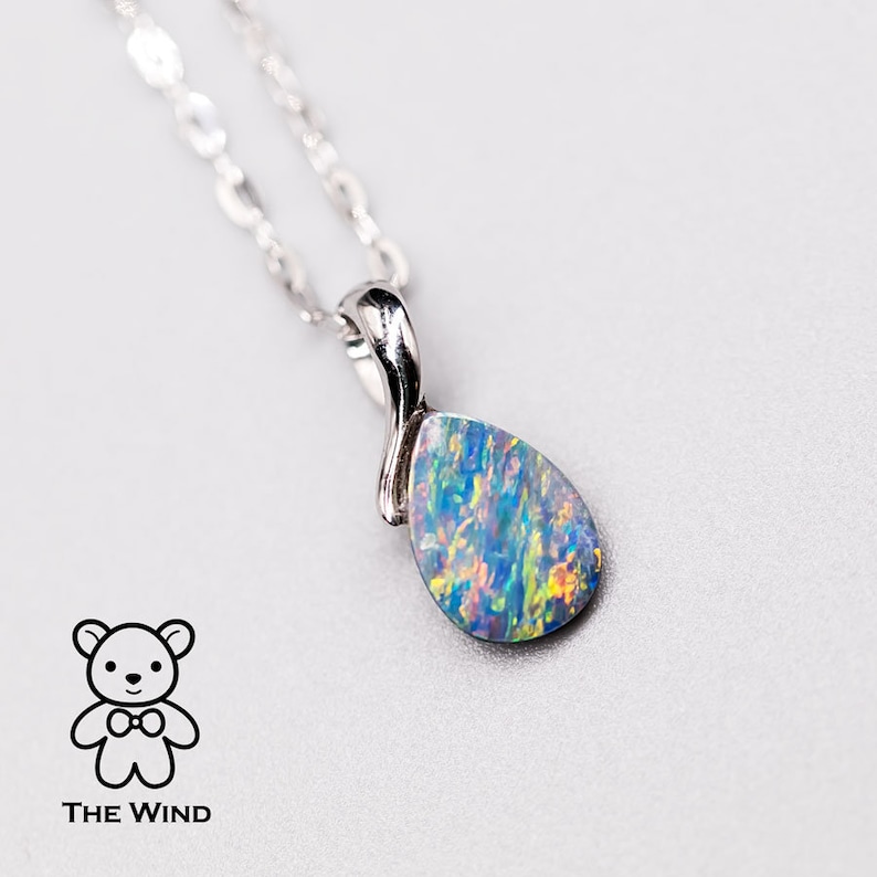 Minimalist Rainbow Australian Doublet Opal Pendant Necklace 14K White Gold Birthday Gift Anniversary Oval Charm