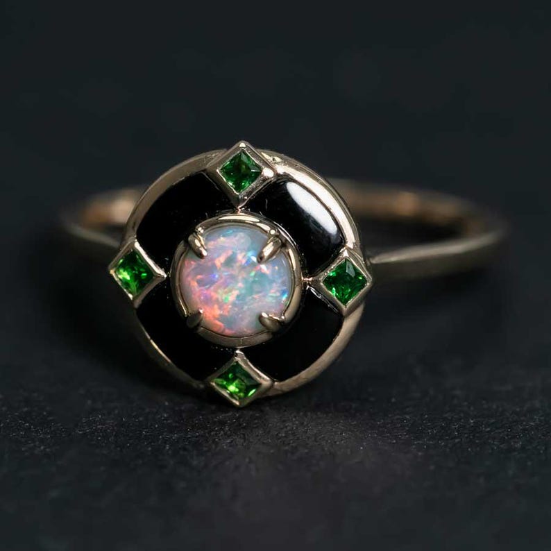 Black Opal Black Agate Engagement Ring