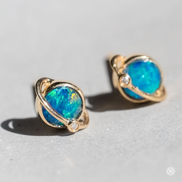 Earth and Moon Design Australian Doublet Opal & Diamond Stud Earrings 18K Yellow Gold Anniversary Bridesmaid Holiday