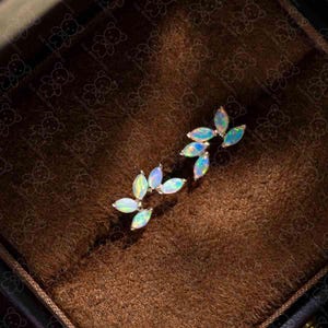 Feather Design Australian Solid Opal Stud Earrings 14K Yellow Gold Olive Branch Leaf Minimalist