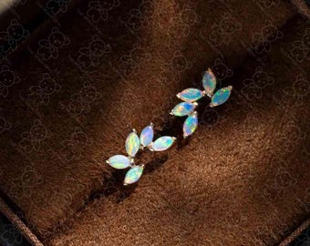 Feather Design Australian Solid Opal Stud Earrings 14K Yellow Gold Olive Branch Leaf Minimalist
