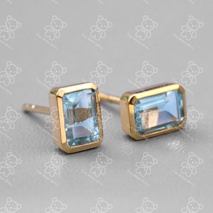 Natural Blue Topaz Stud Earrings 18K Yellow Gold Minimalist Emerald Cut Topaz Geometric Promise Gift for Couples