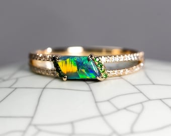 Black Opal Split Shank Engagement Ring with Diamond 14K Yellow Gold