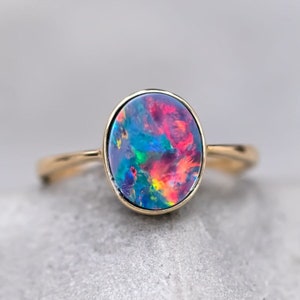 14K Yellow Gold Engagement Ring featuring an Oval Australian Doublet Opal Promise Ring for Couples Three Stone Rainbow