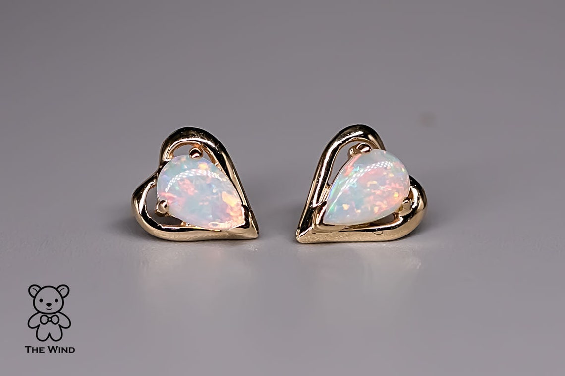 Adorable Heart Shaped Australian Solid Opal Stud Earrings 14K Etsy