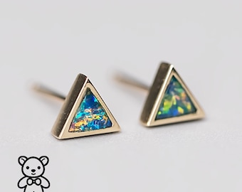 Dainty Minimalist Triangle Australian Doublet Opal Stud Earrings 14K Yellow Gold Birthday Gift Anniversary